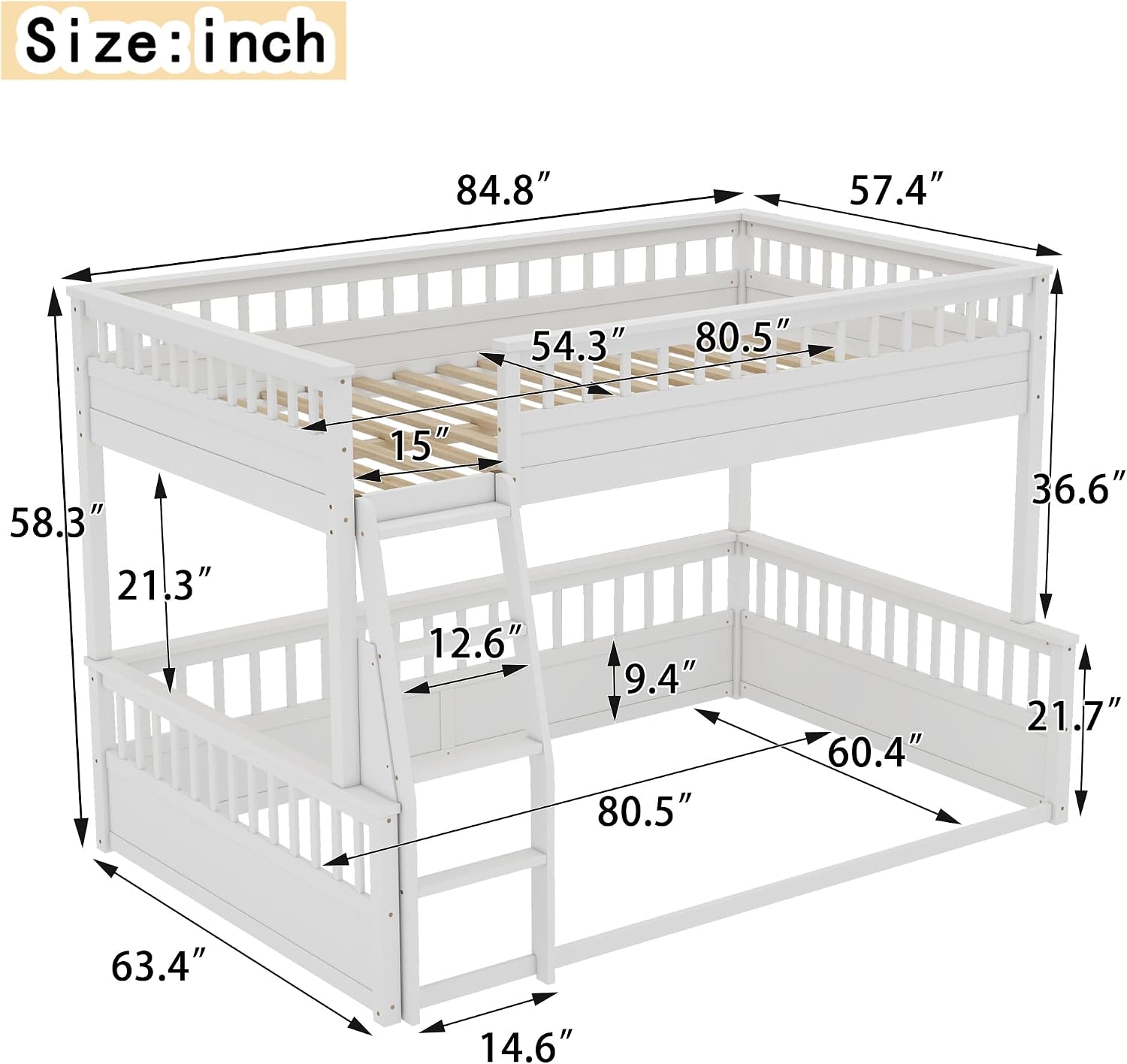 RUNNA Rustic Solid Wood Bunk Bed for Kids Teens with Ladder and Guardrails, Detachable Split Design,No Box Spring Needed (Off White, Full XL Over Queen)