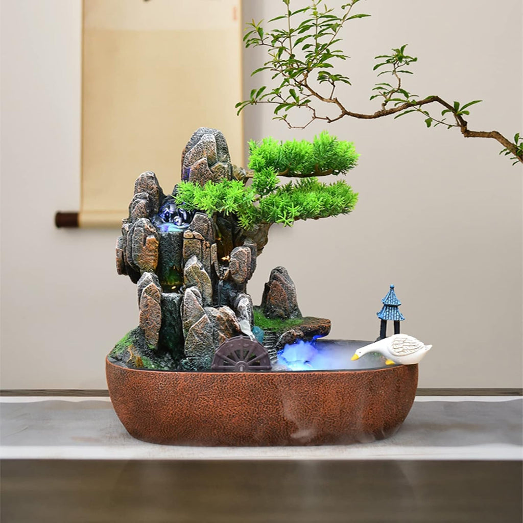Desktop Fountain Indoor Tabletop Fountain Resin Water Fountains Artificial Bonsai Trees and Stone Mountains Relaxation Waterfall for Home Decor(Small)