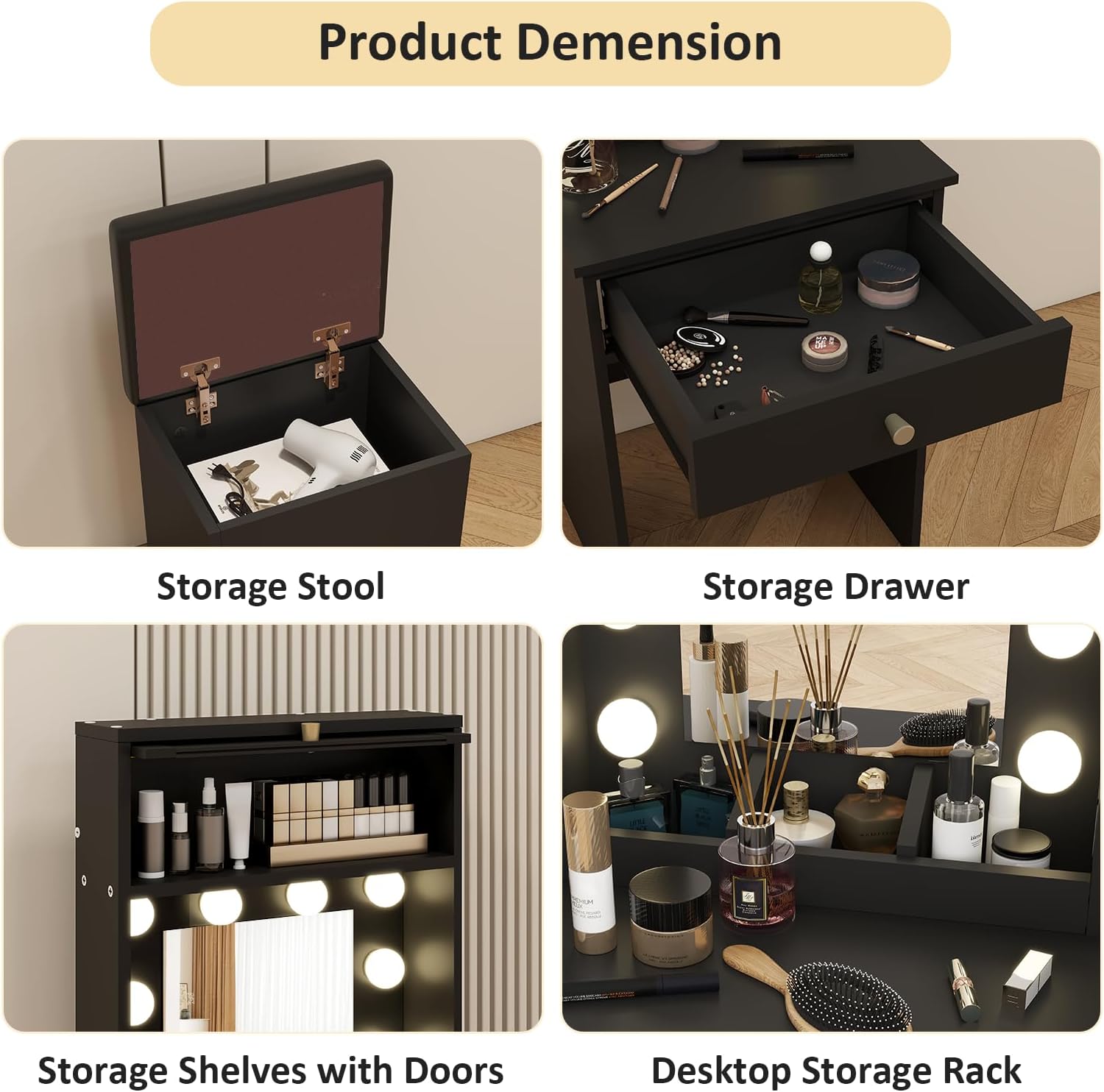ARTETHYS Small Vanity Desk with Mirror and Lights Black Small Makeup Vanity with Storage Chair Mini Makeup Table Set for Bedroom Compact Dressing Table with RGB Lights for Tiny Space