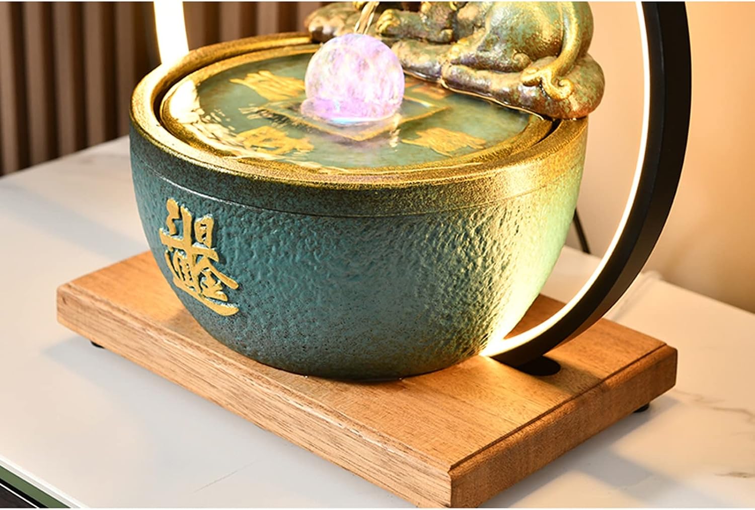 Tabletop Water Fountain Chinese Feng Shui Tabletop Water Fountain Ceramic Tabletop Fountain with Base and LED Light for Home Decoration Table Desk Office Patio Décor Indoor Fountain