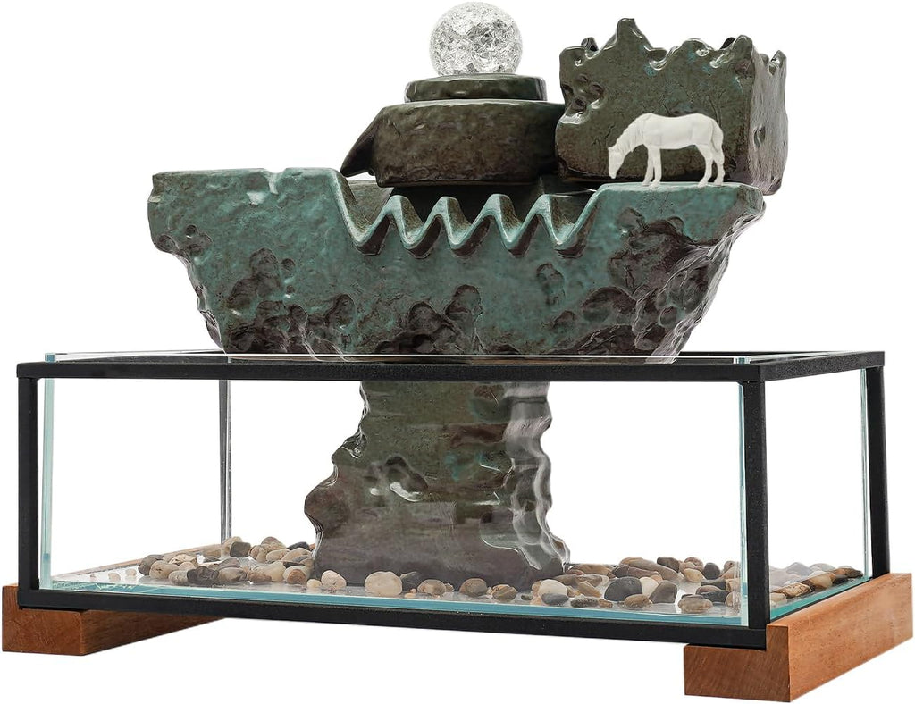 24V 3W Tabletop Eco Fish Tank -Indoor Relaxation Desktop Fountain w/Mist, LED, Artificial Stone Mountain for Meditation and Décoration for Good Luck Wealth