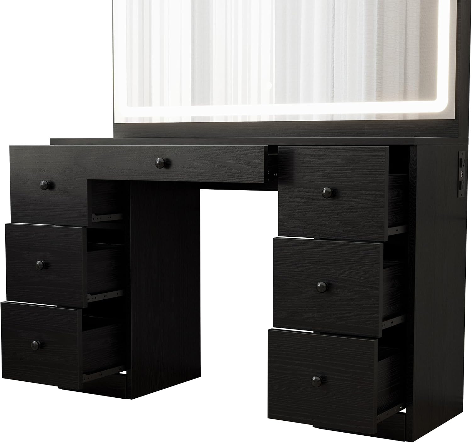 IRONCK Vanity Makeup Desk Set with LED Lighted Mirror & Power Outlet, 7 Drawers Bedroom Vanities Table with Stool,Black