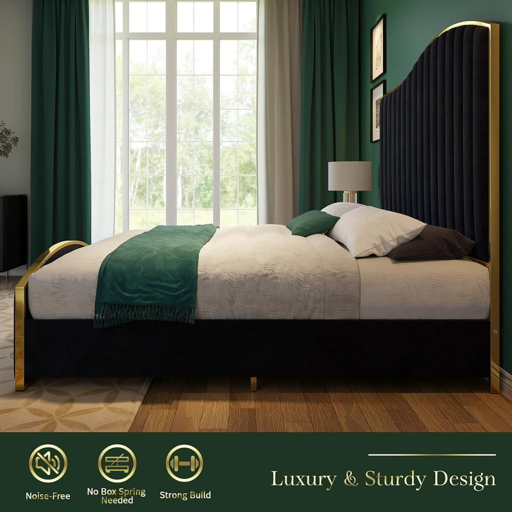HOWE Queen Size Harp Bed Frame with 61.4' Extra Tall Curved Headboard, Velvet Upholstered Platform Bed with Gold Trim Accented Footboard, No Box Spring Needed, Wooden Slat Support, Black