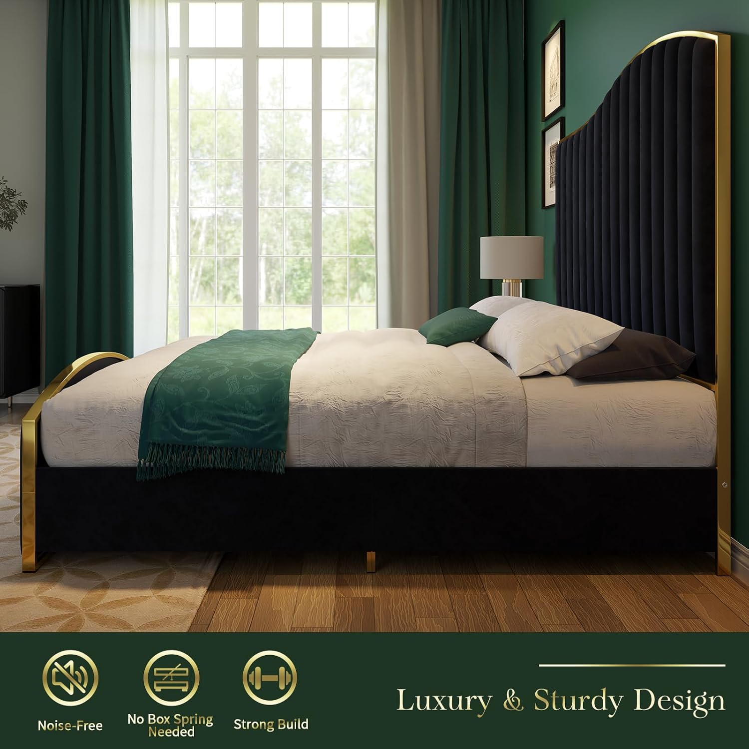 HOWE Queen Size Harp Bed Frame with 61.4' Extra Tall Curved Headboard, Velvet Upholstered Platform Bed with Gold Trim Accented Footboard, No Box Spring Needed, Wooden Slat Support, Black