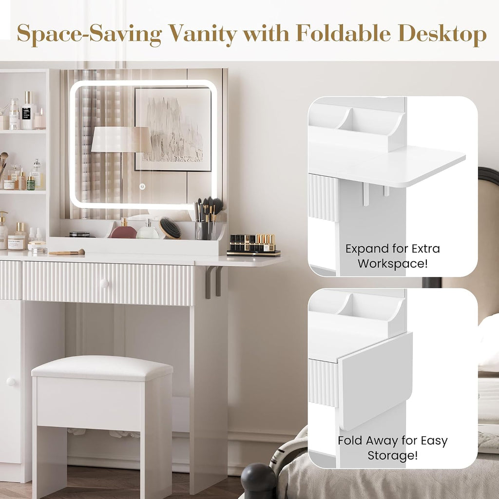 Patikuin Vanity Desk with Mirror and Lights, White Makeup Vanity with Charging Station, Dressing Table Set with Storage Chair, Drawer Shelves, and Foldable Panel for Compact Space Bedroom, White