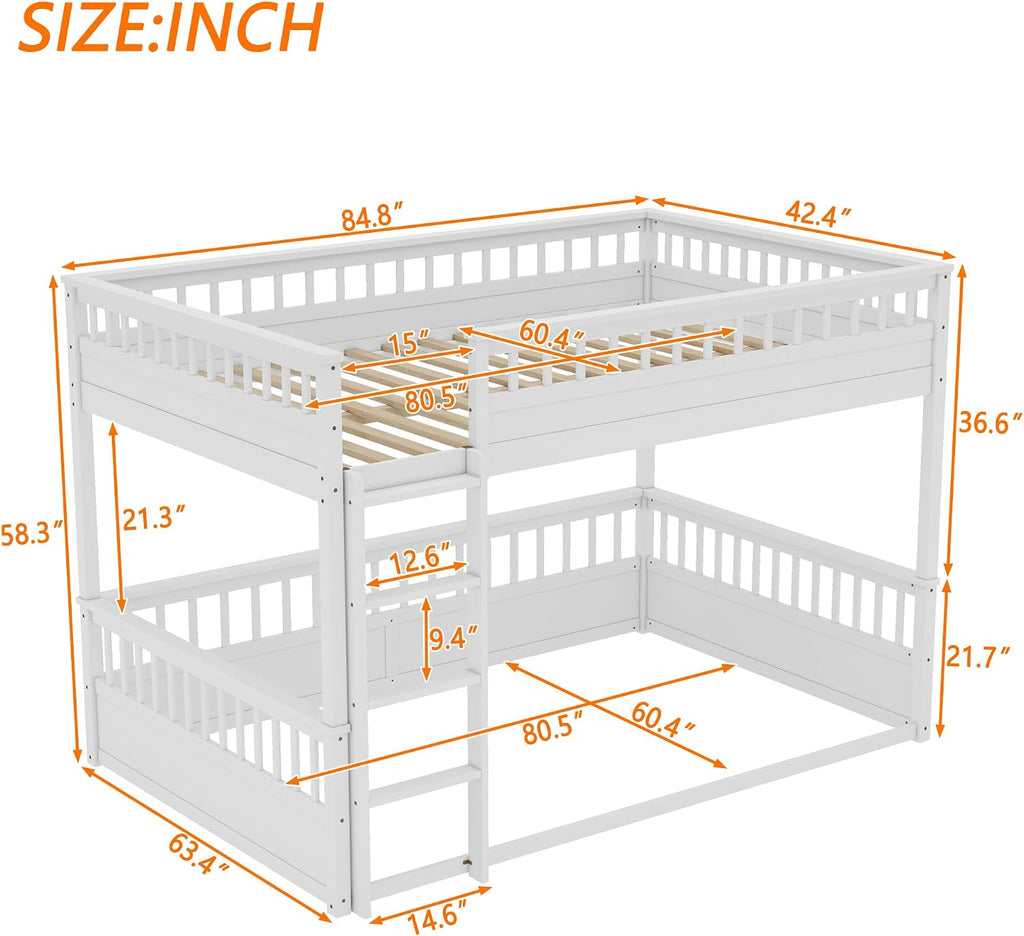 RUNNA Rustic Solid Wood Bunk Bed for Kids Teens with Ladder and Guardrails, Detachable Split Design,No Box Spring Needed (Off White, Queen Over Queen)