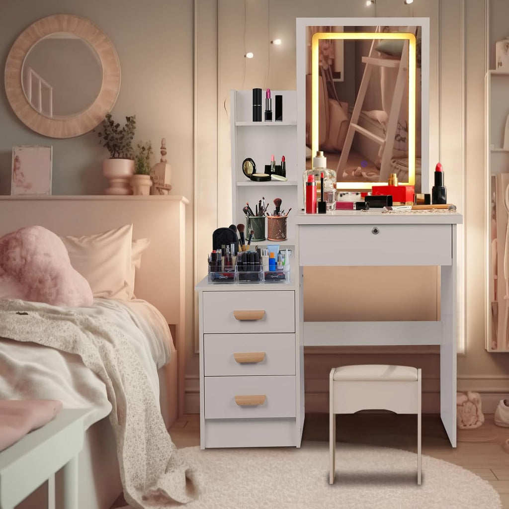Vanity Desk with Mirror and Lights,Makeup Vanity Desk with Lights 3 Colors,Vanity with 4 Drawers,6 Shelves,Vanity Table Set with Bench for Bedroom,Dressing Table and Chair Set for Women Girls (White)