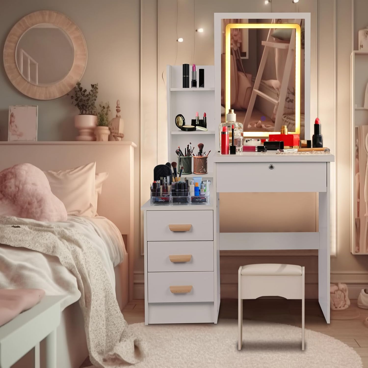 Vanity Desk with Mirror and Lights,Makeup Vanity Desk with Lights 3 Colors,Vanity with 4 Drawers,6 Shelves,Vanity Table Set with Bench for Bedroom,Dressing Table and Chair Set for Women Girls (White)