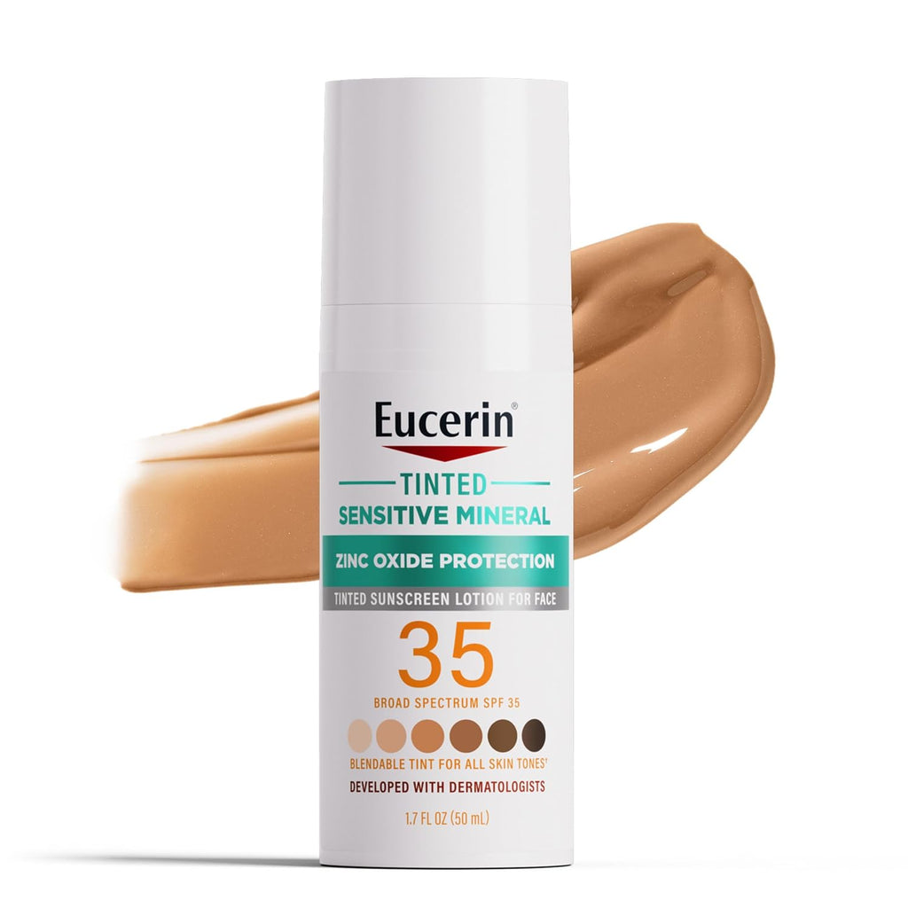 Eucerin Sun Tinted Sensitive Mineral Face Sunscreen Lotion SPF 35, Non-Comedogenic Mineral Sunscreen with Gentle Zinc Oxide Protection for Sensitive Skin, 1.7 Fl Oz Bottle (Pack of 12)