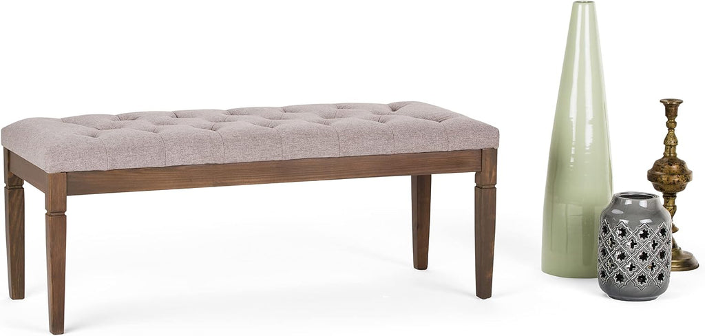 SIMPLIHOME Waverly Tufted Ottoman Bench - 48 inch Wide Upholstered Linen Look Fabric Rectangle Footstool Ottoman in Cloud Grey, Traditional Bench for Bedroom, Entryway or Living Room with Carved Legs