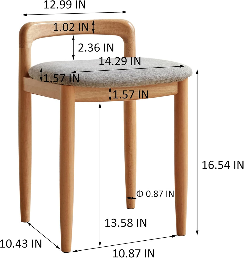 Vanity Desk Stool Chair with Back, 16' H Natural Beech Wood Makeup Vanity Chair, Small Cute Vanity Bench Seat with Soft Cushion, Dressing Ottoman for Makeup Room, Bedroom, Living Room