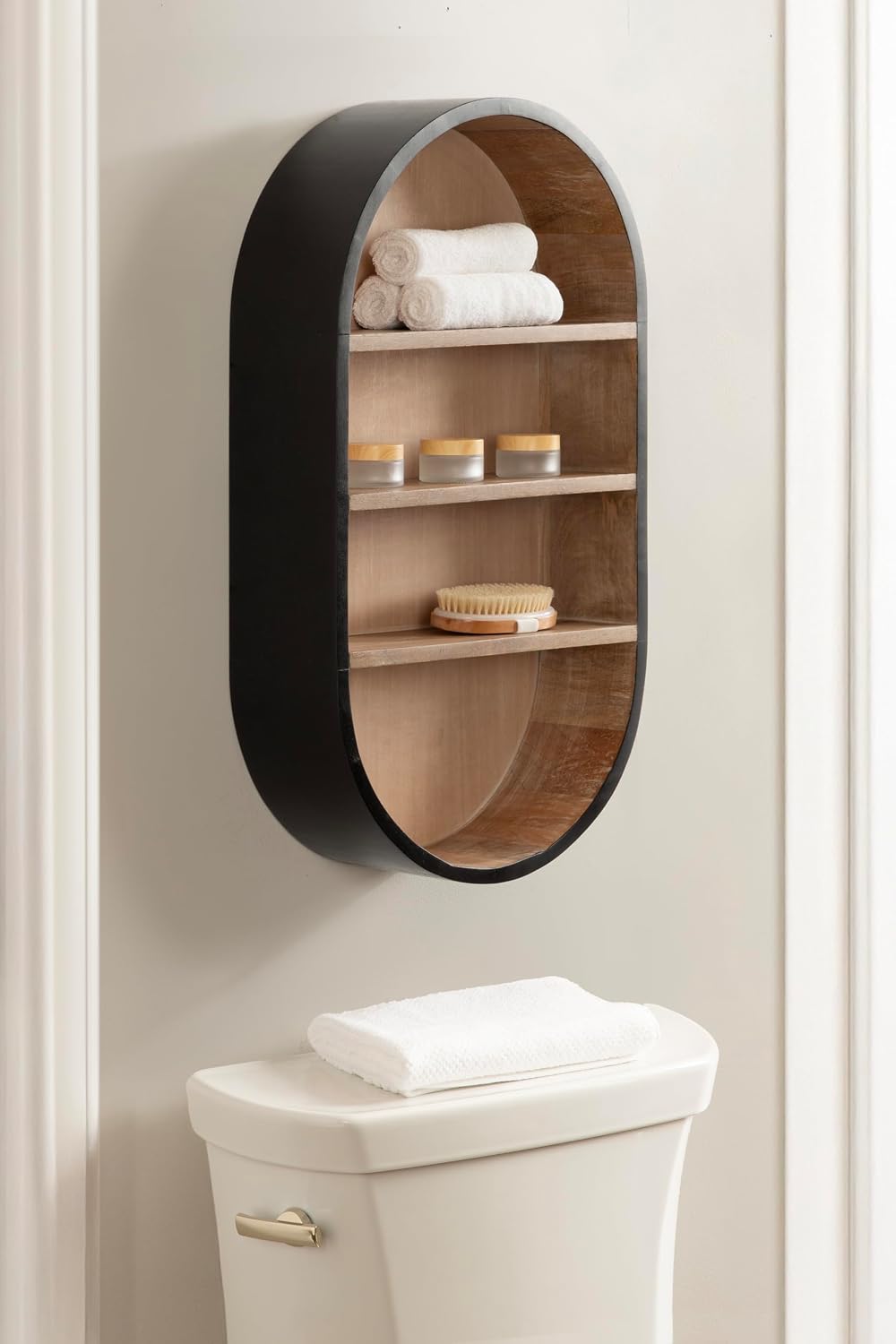 Kate and Laurel Hutton Modern Capsule Wall Shelf, 16 x 28, Light Natural and Black, Minimal Round Oval Wall Shelves for Above Toilet Bathroom Storage or Cute Nursery Shelving