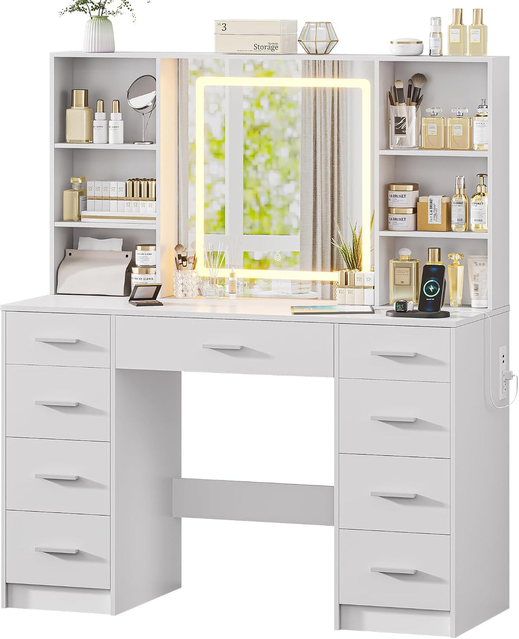 Vanity Desk with Mirror and Lights, Makeup Vanity Desk with 9 Drawers & 6 Shelves, Make up Vanity, Dressing Table with Touch Screen Mirror & Power Outlet, White Vanity for Girls Women, Bedroom