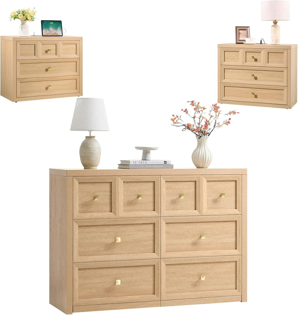 3-Piece Bedroom Set, 6 Drawer Dresser and 3 Drawer King Size Nightstands Set of 2 with Charging Station, 3 Piece Farmhouse Wood Bedroom Dresser and Nightstand Sets,Natural