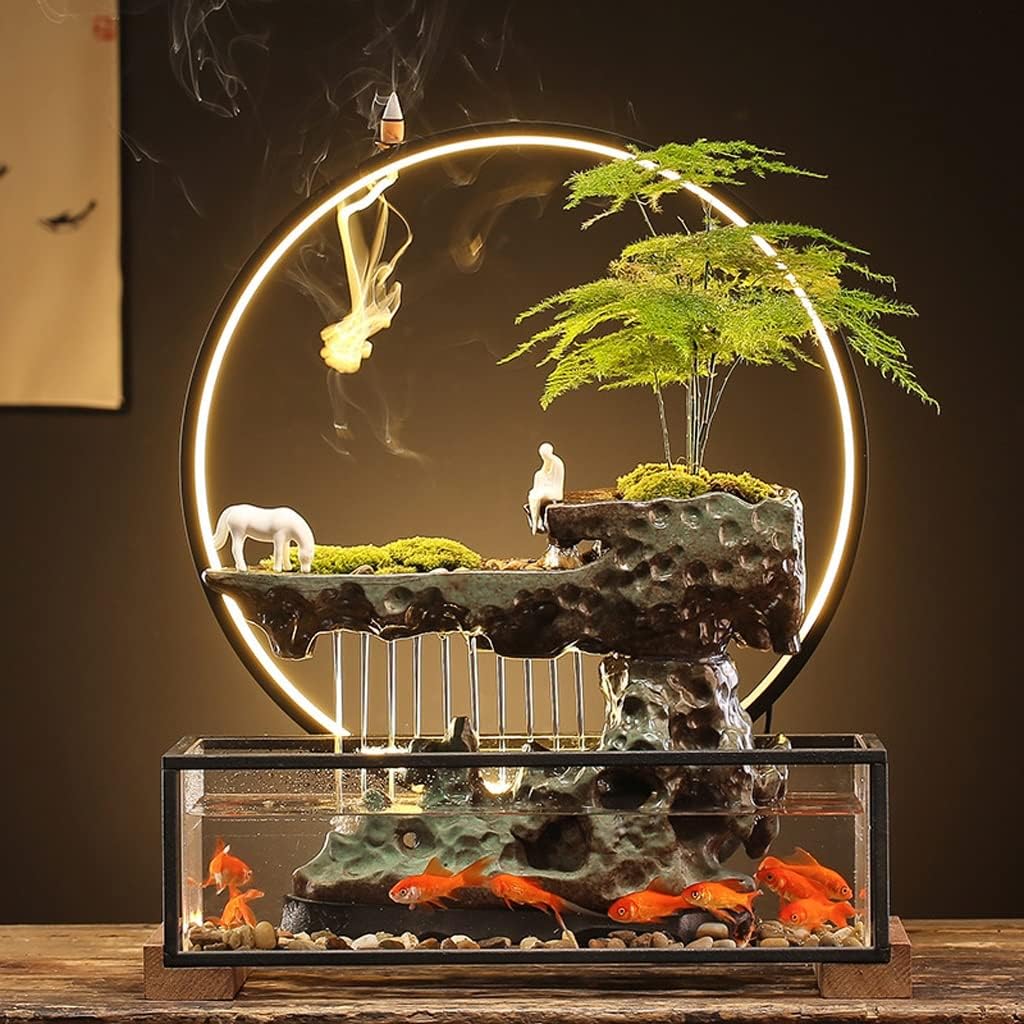 Waterfall Tabletop Fountain Flowing Water Lucky Ornament with Glass Aquarium and Lamp Ring Home Office Tabletop Decoration Indoor Fountain (Color : C)