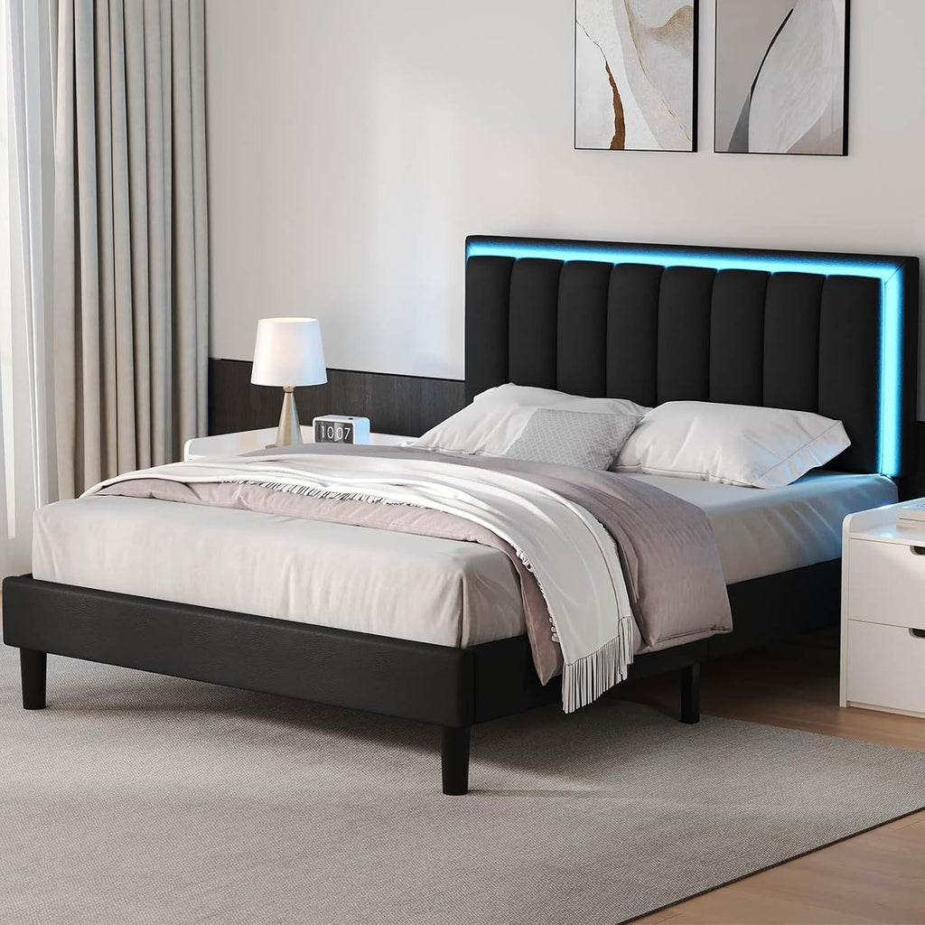 IMMERSTABLE Queen Bed Frame with LED Lights, Upholstered Bed Frame Queen Size with Headboard, Heavy Duty Wood and Metal Slats Support, Noise-Free, No Box Spring Needed, Easy Assembly, Black