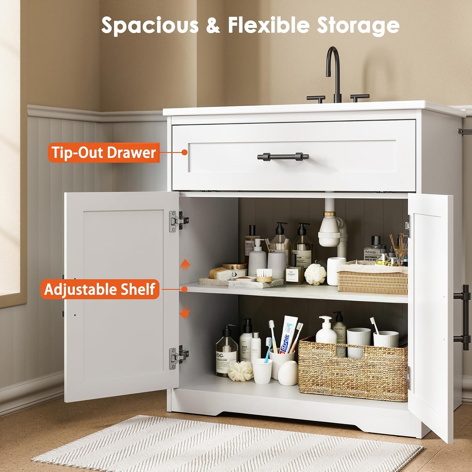 Amada 30″ Bathroom Vanity with Ceramic Sink, Farmhouse Undermount Vanity Sink Cabinet with 2 Doors and 1 Drawer, Free Standing Bathroom Cabinet with Sink Combo Set, White