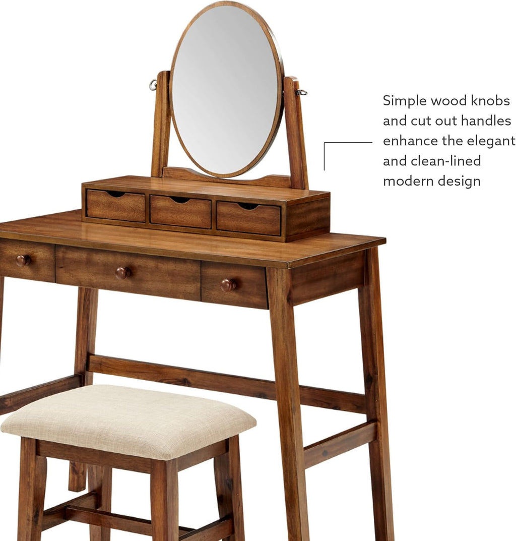 Linon MidCentury Walnut Upholstered Seat Beverly Vanity Set, Medium
