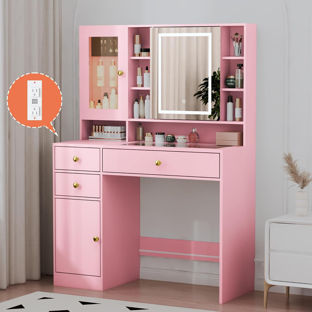 Vanity Desk with LED Lighted Mirror and Jewelry Organizer & Glass Top and Charging Station, Makeup Vanity with 3 Drawers and 2 Storage Cabinets & Hidden Compartment, Dressing Table for Bedroom, Pink