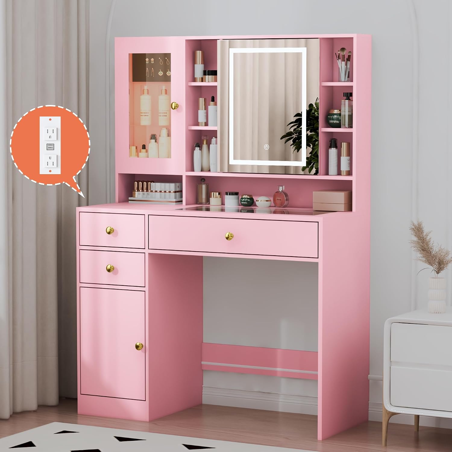 Vanity Desk with LED Lighted Mirror and Jewelry Organizer & Glass Top and Charging Station, Makeup Vanity with 3 Drawers and 2 Storage Cabinets & Hidden Compartment, Dressing Table for Bedroom, Pink