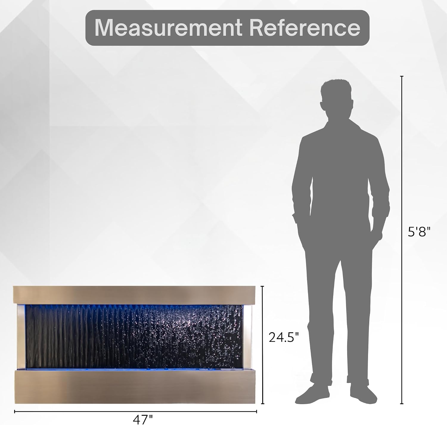 XBrand 47' Indoor Wall-Mounted Waterfall Mirror Fountain with LED Lighting, Silver Metal Décor, and Rock Base – Modern Relaxing Water Feature for Home