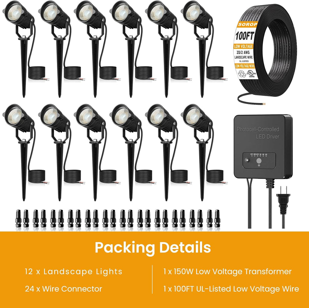 6W Landscape Lighting Kit, Low Voltage Landscape Lights with Transformer 100FT UL-Listed Wire & Connectors, 3000K Waterproof Outdoor Spot Lights for Yard House Tree 12V-24V 12Pack