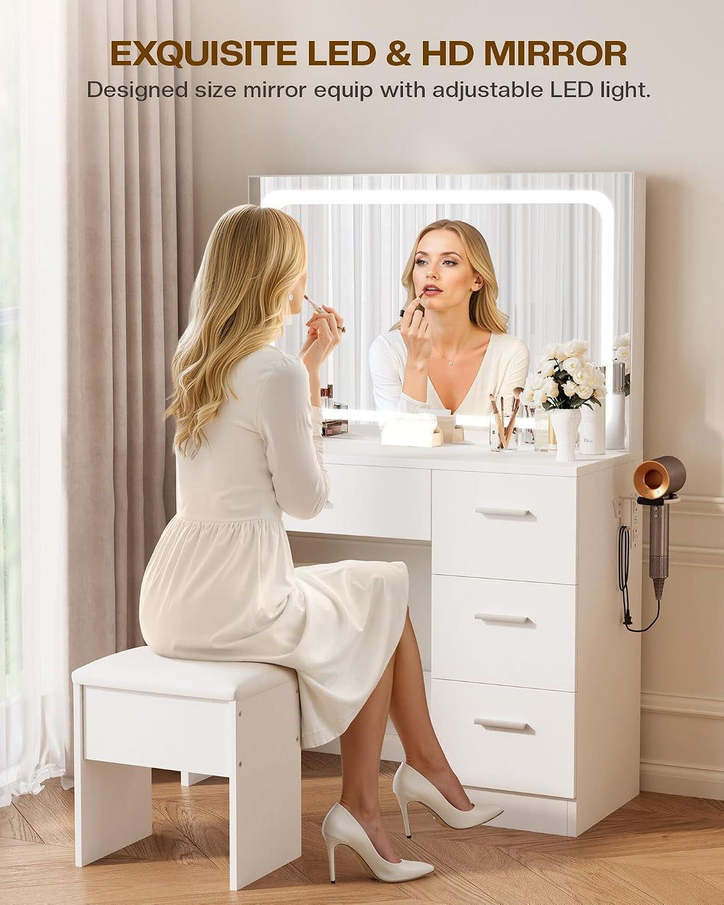 LIVELYGLOW Makeup Vanity Desk with Charging Station & LED Mirror – 35.4' Vanity Set with 4 Drawers, 3 Lighting Modes – Modern Bedroom Furniture (15.7' D x 35.4' W x 53.9' H), White