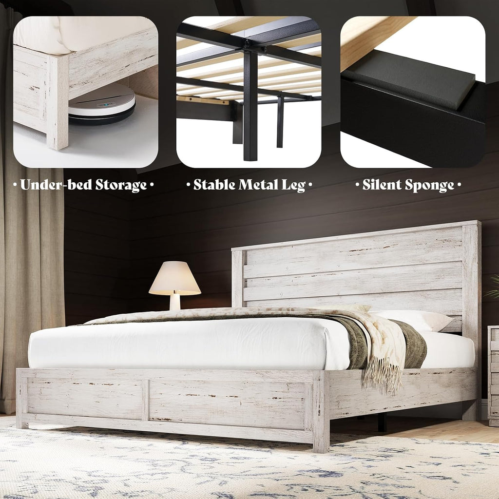 AMERLIFE 2-Piece Farmhouse Bedroom Set, Full Bed Frame and 6 Drawer Dresser, Platform Bed with 49' Fluted Headboard, 54' Wide Wood Chest of Drawer for Bedroom, Grey