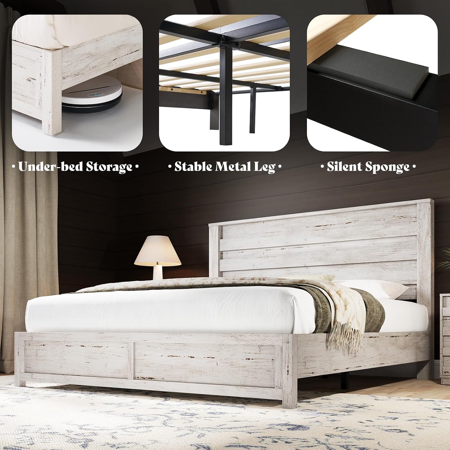 AMERLIFE 2-Piece Farmhouse Bedroom Set, Full Bed Frame and 6 Drawer Dresser, Platform Bed with 49' Fluted Headboard, 54' Wide Wood Chest of Drawer for Bedroom, Grey