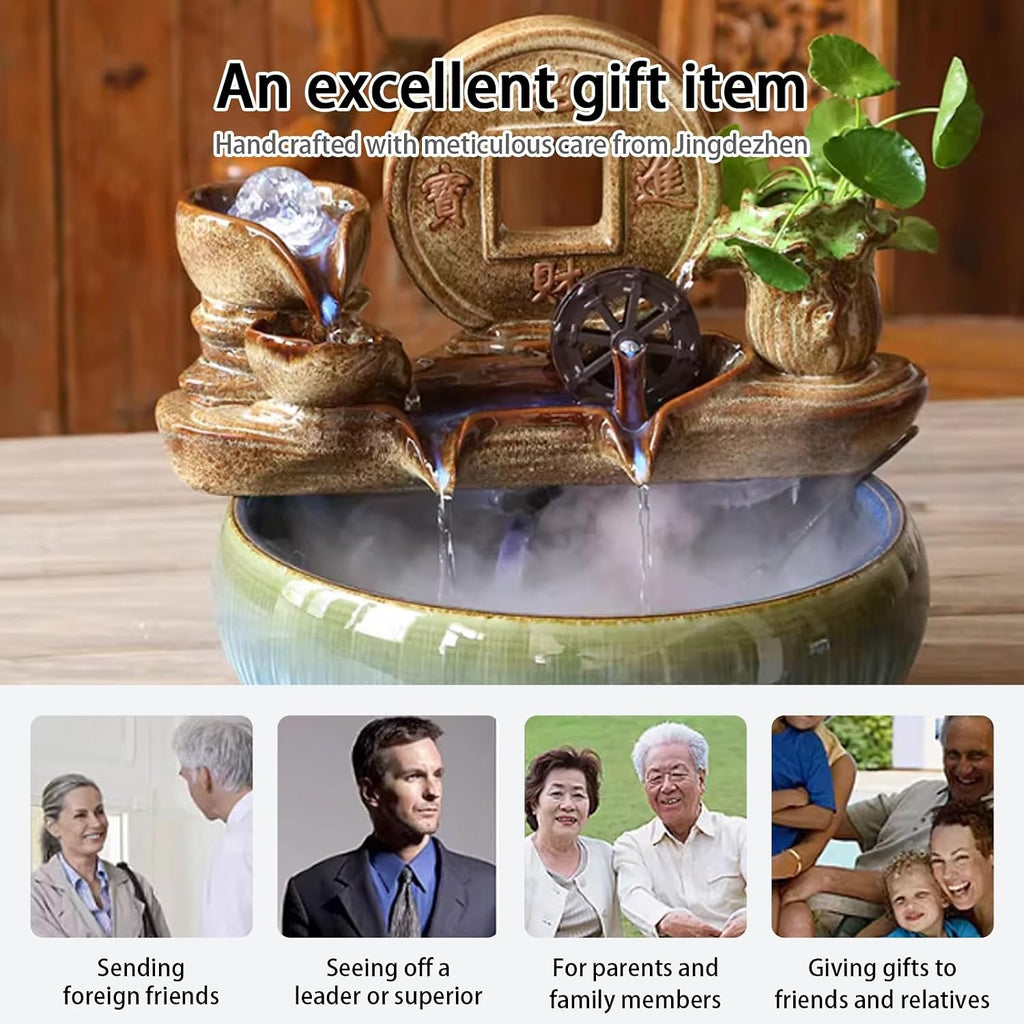 Tabletop Water Fountain, Feng Shui Mist Waterfall with Fish Tank, Ceramic Zen Bonsai Decor, Relaxing Desktop for Office Living Room(A)