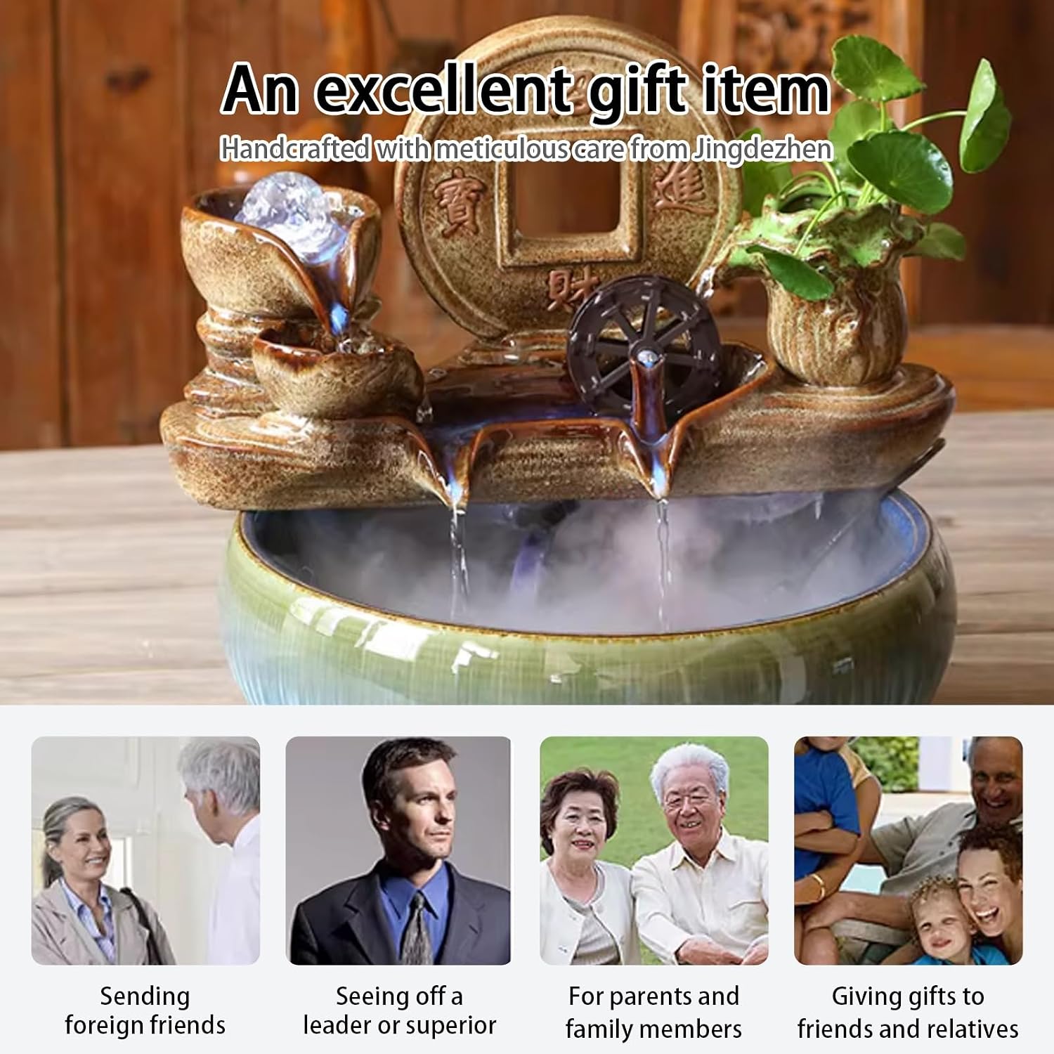 Tabletop Water Fountain, Feng Shui Mist Waterfall with Fish Tank, Ceramic Zen Bonsai Decor, Relaxing Desktop for Office Living Room(A)