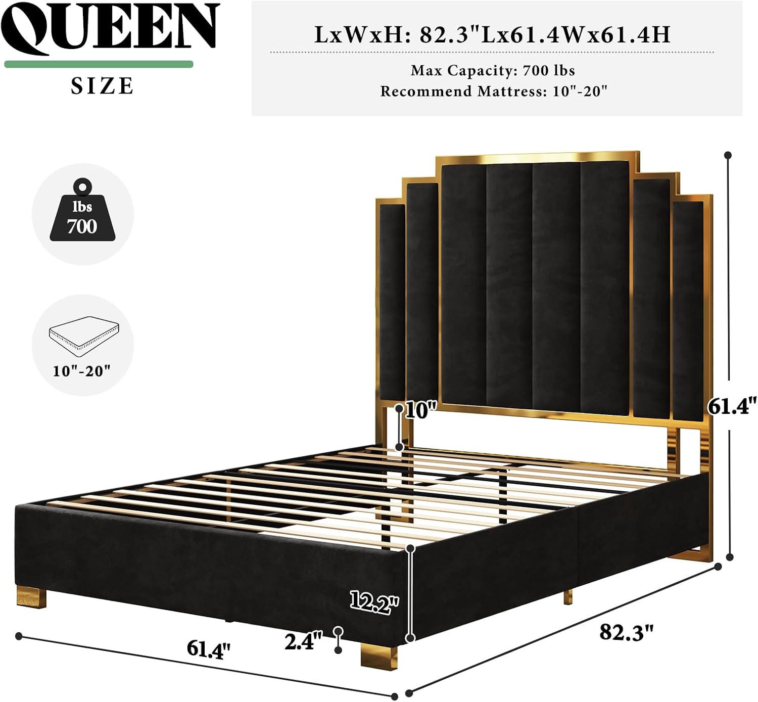 AMERLIFE Queen Size Upholstered Bed, Modern Velvet Bed Frame with 61.4' Tall Gold Trim Headboard, No Box Spring Needed, Black