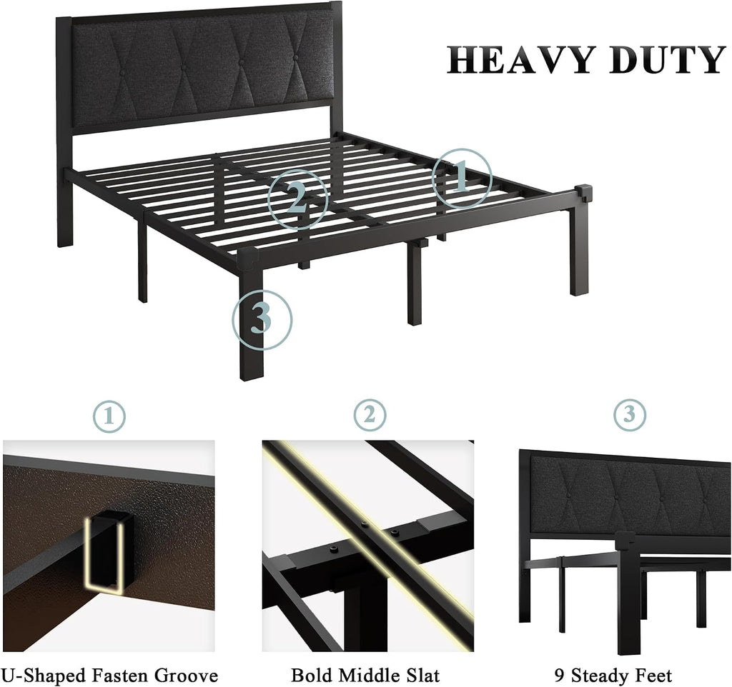 Feonase Full Size Metal Bed Frame with Fabric Button Tufted Headboard, Platform Bed Frame with Heavy Duty Metal Slats, 12' Storage Space, Noise Free, No Box Spring Needed, Dark Grey