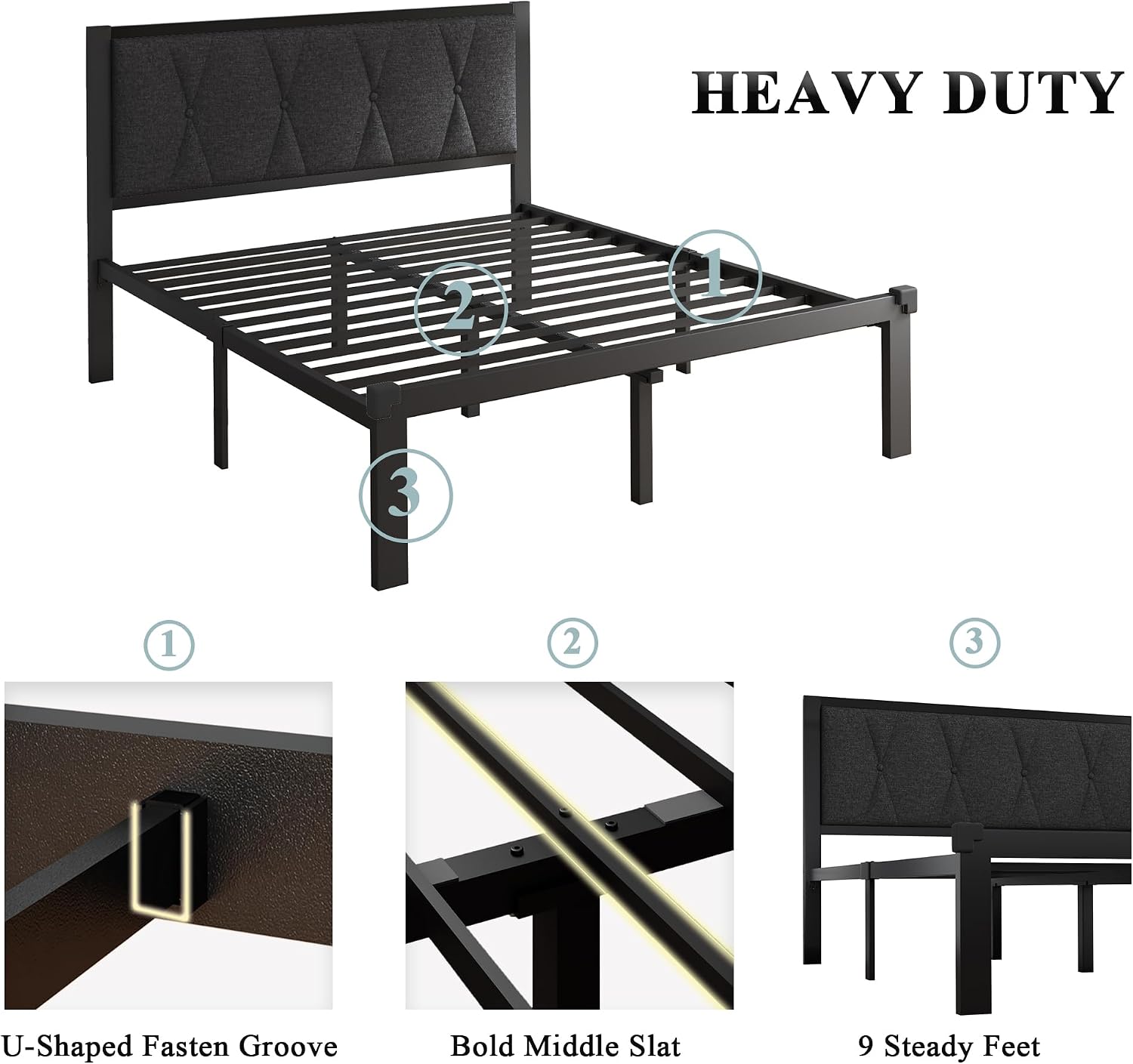 Feonase Full Size Metal Bed Frame with Fabric Button Tufted Headboard, Platform Bed Frame with Heavy Duty Metal Slats, 12' Storage Space, Noise Free, No Box Spring Needed, Dark Grey