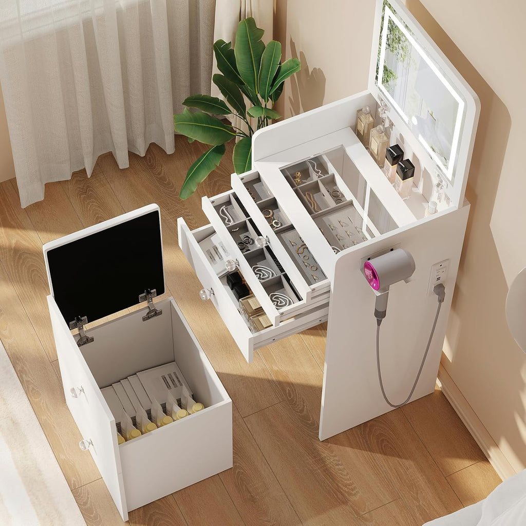 VOWNER 3-in-1 Vanity Desk with Flip Top LED Light Mirror and Glass Desktop, Small Makeup Vanity with 3 Drawers, Compact Dressing Table with Stool for Bedroom, White 19' L