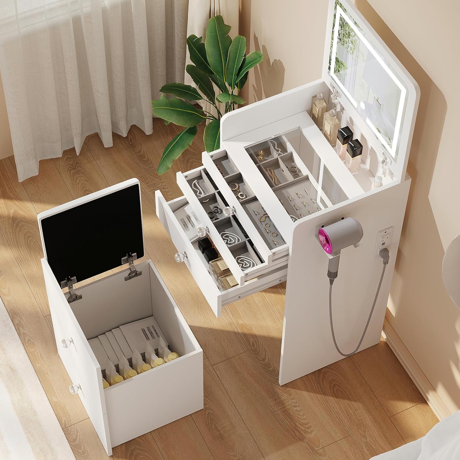 VOWNER 3-in-1 Vanity Desk with Flip Top LED Light Mirror and Glass Desktop, Small Makeup Vanity with 3 Drawers, Compact Dressing Table with Stool for Bedroom, White 19' L