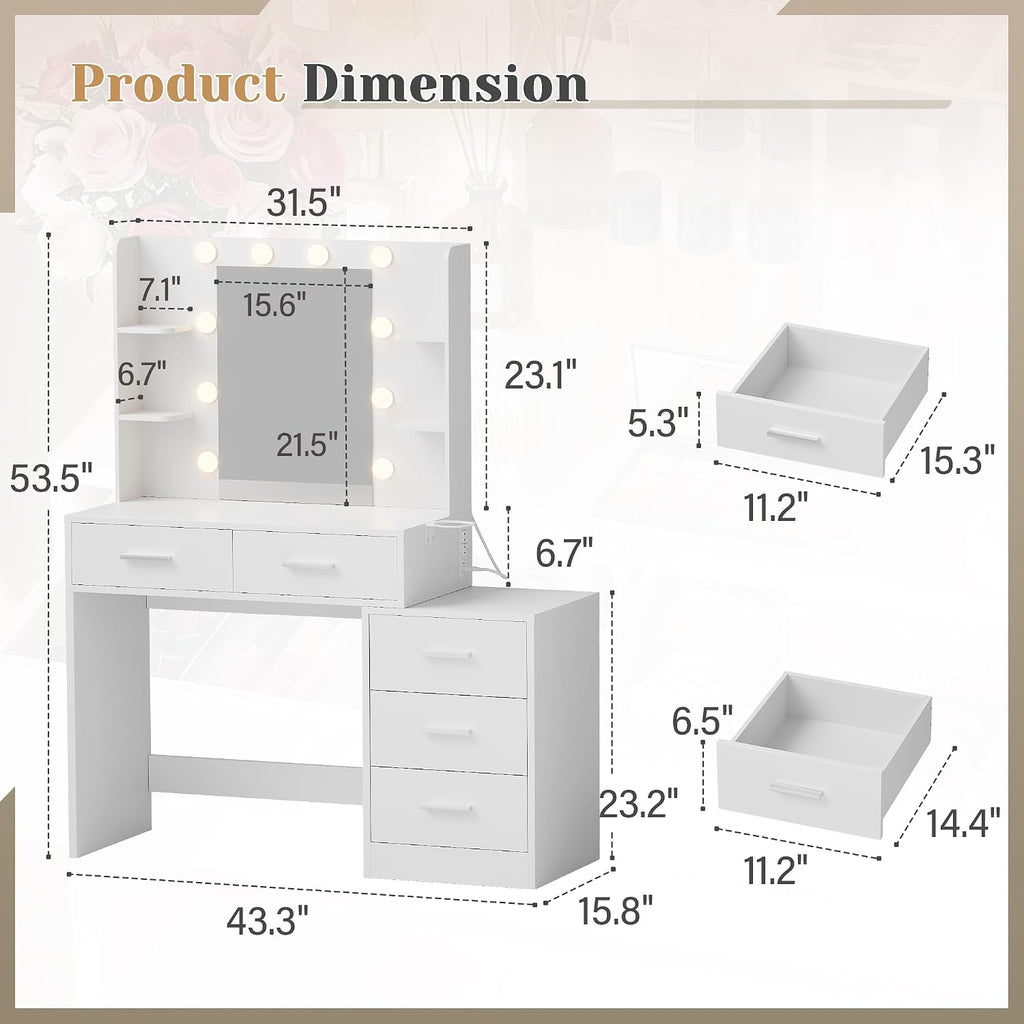 YESHOMY Makeup Vanity Desk with Mirror & Lights, Vanity Table with 5 Drawer, 6 Shelves, Charging Station for Bedroom, Dressing Room, Light White