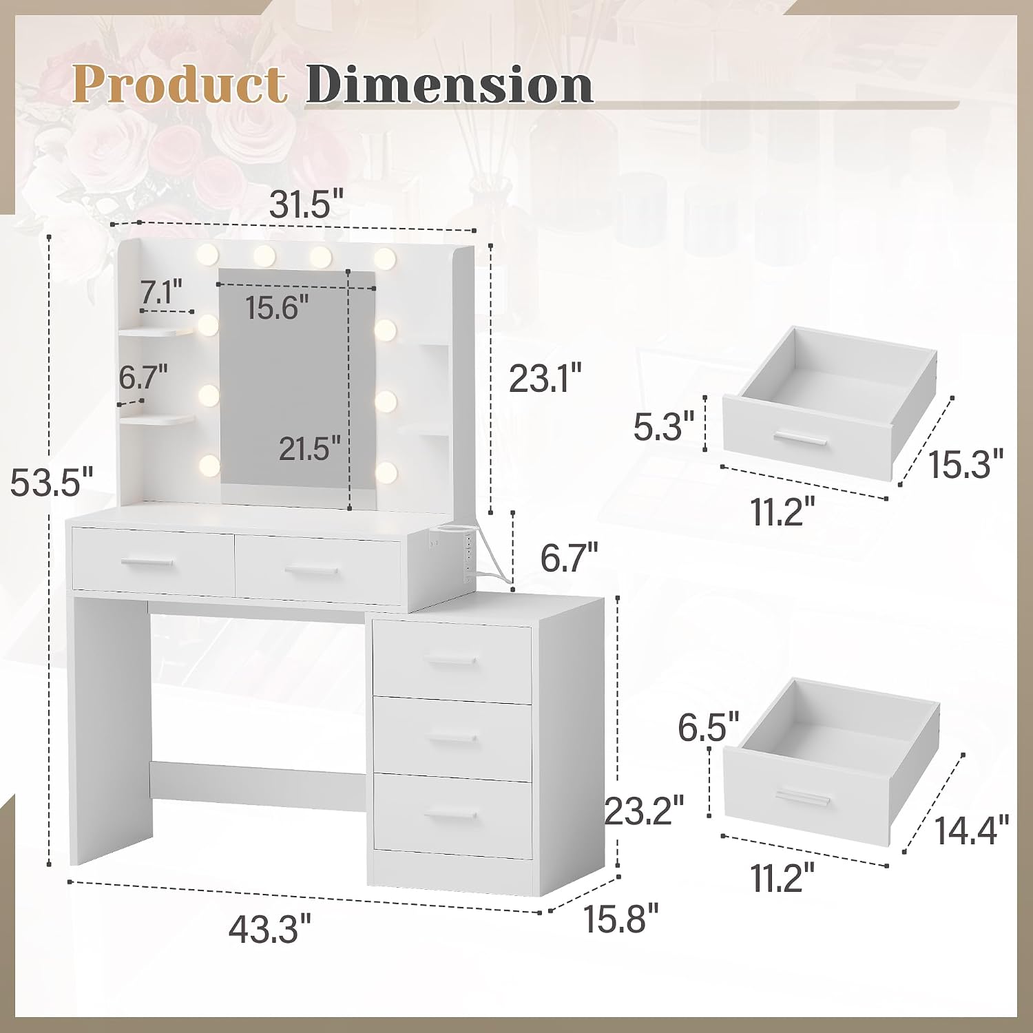 YESHOMY Makeup Vanity Desk with Mirror & Lights, Vanity Table with 5 Drawer, 6 Shelves, Charging Station for Bedroom, Dressing Room, Light White