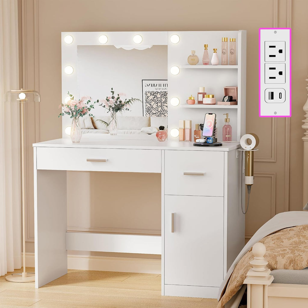 JUMMICO 35.4' Vanity Desk with Mirror and Lights - LED Makeup Vanity Table with Charging Station, 3 Color Adjustable Lights, 3 Drawers & Large Cabinet with Shelves for Bedroom Dressing Room (White)