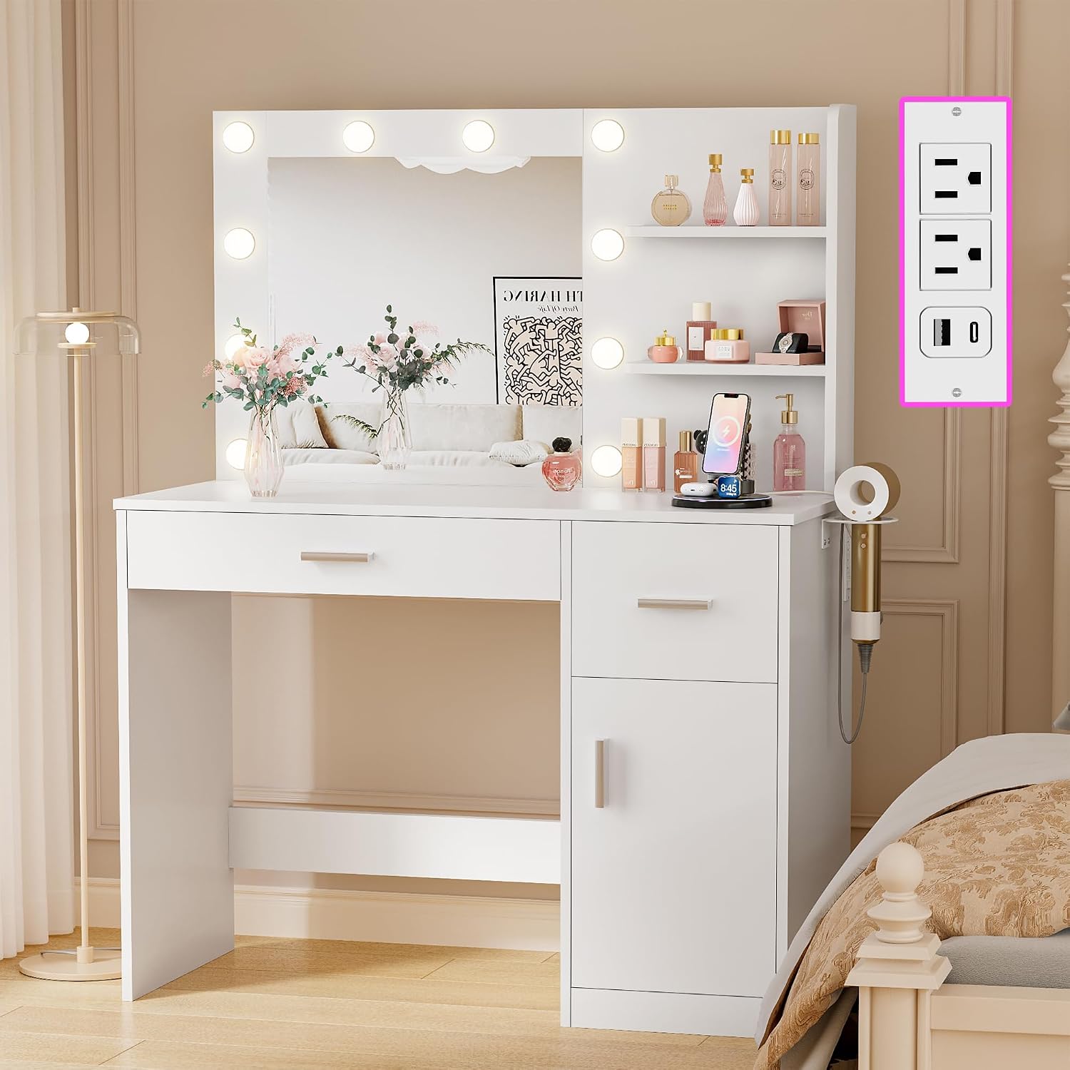 JUMMICO 35.4' Vanity Desk with Mirror and Lights - LED Makeup Vanity Table with Charging Station, 3 Color Adjustable Lights, 3 Drawers & Large Cabinet with Shelves for Bedroom Dressing Room (White)
