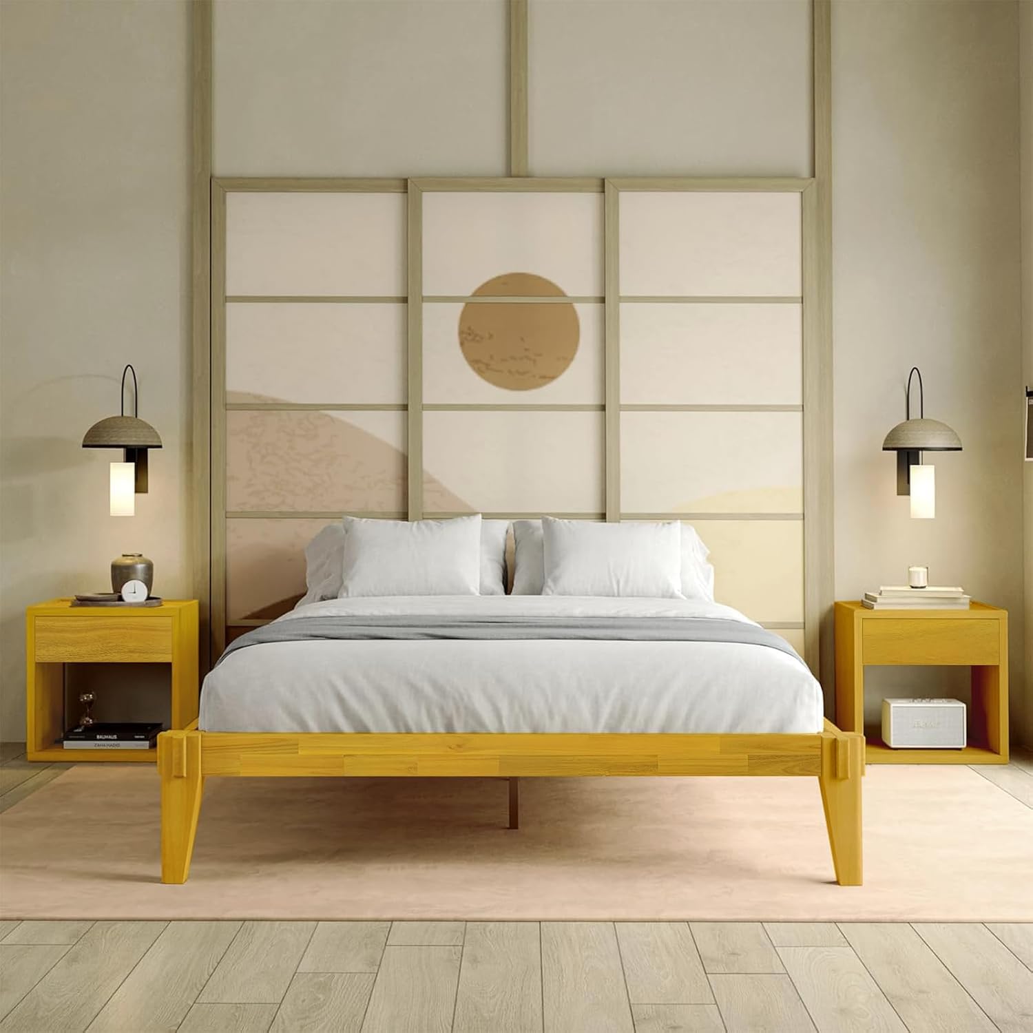 Bme Chalipa 14' Queen Bed Frame - Solid Wood Platform Bed - Japanese Joinery Bed Frame - Wood Slat Support - No Box Spring Needed - Easy Assembly - Minimalist & Modern Style, Golden Natural