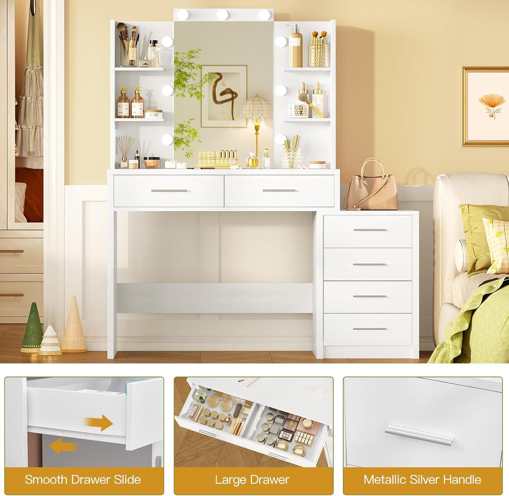 Quimoo 43.3' W Vanity Desk with Mirror and 9 LED Lights, Makeup Vanity with 6 Drawers, 6 Open Shelves, White Vanity for Women Girls, 43.3' W x 13.8' D x 54.3'