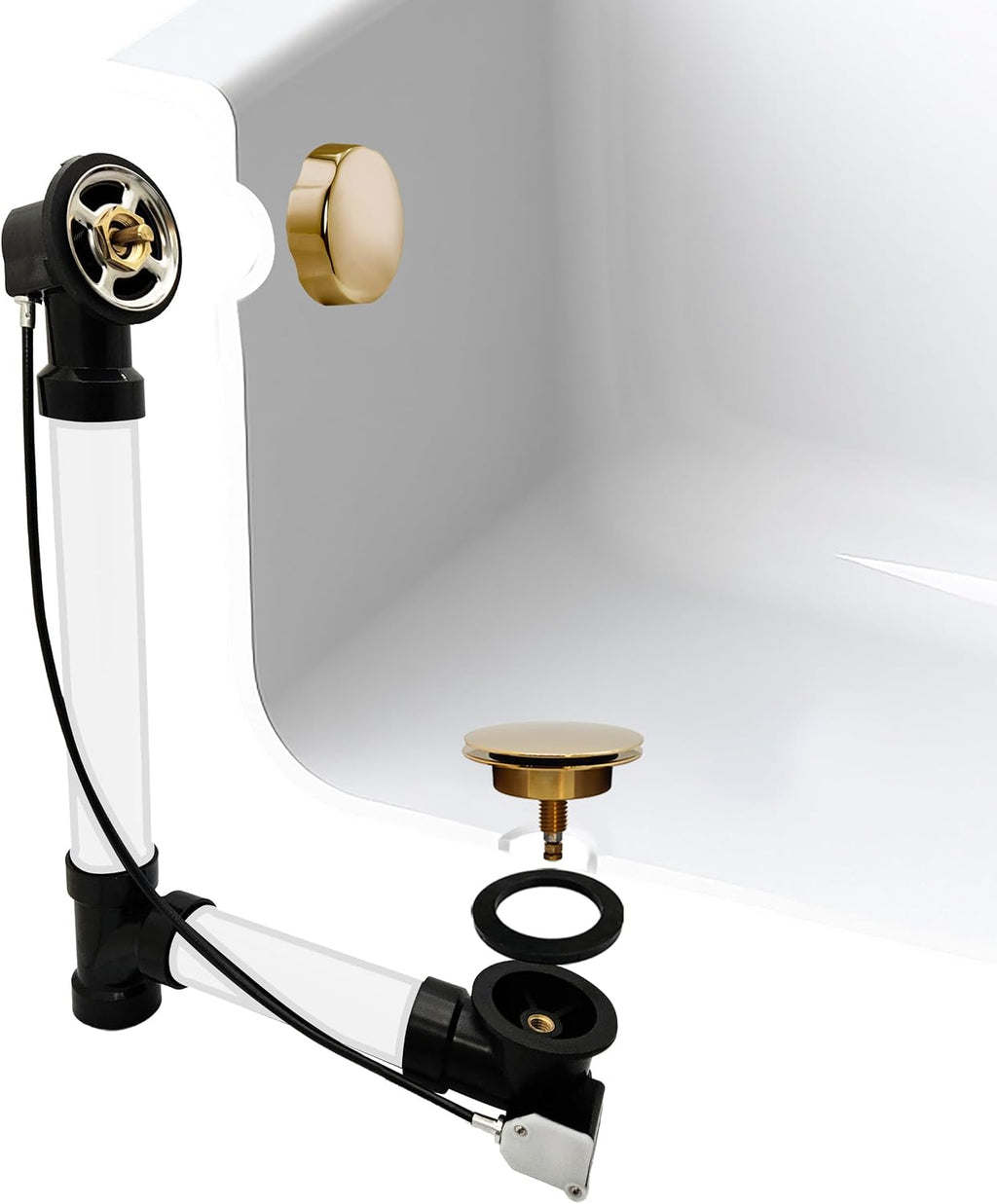 Westbrass A50A35-01 35' SCH. 40 ABS Cable Driven Bath Drain Trim Kit with Rotary Overflow Cover Knob and Pop-Up Stopper, Polished Brass