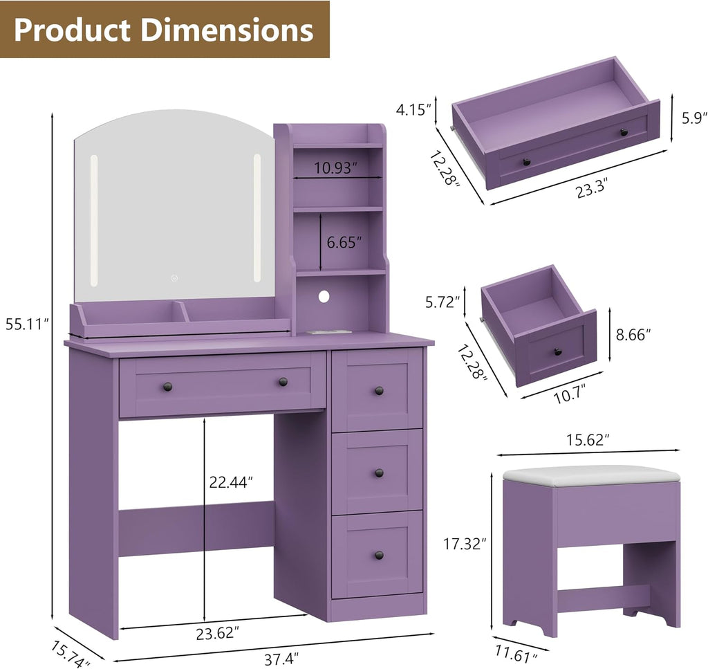 App & Button Controlled RGB Vanity with Arc Mirror, Small Makeup Vanity Table Set with Drawers & Chair, 3 Lighting Modes & Adjustable Brightness with Power Outlet, Vanity for Women Girls Bedroom