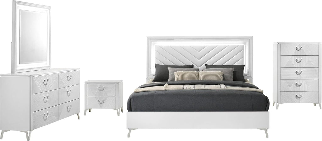 Coaster Home Furnishings - Cassia - Wood - 5-Piece Bedroom Set with Chevron-Tufted Headboard, LED Trim and Contemporary Design - Bedroom - Eastern King Size - White High Gloss - 215791KE-S5