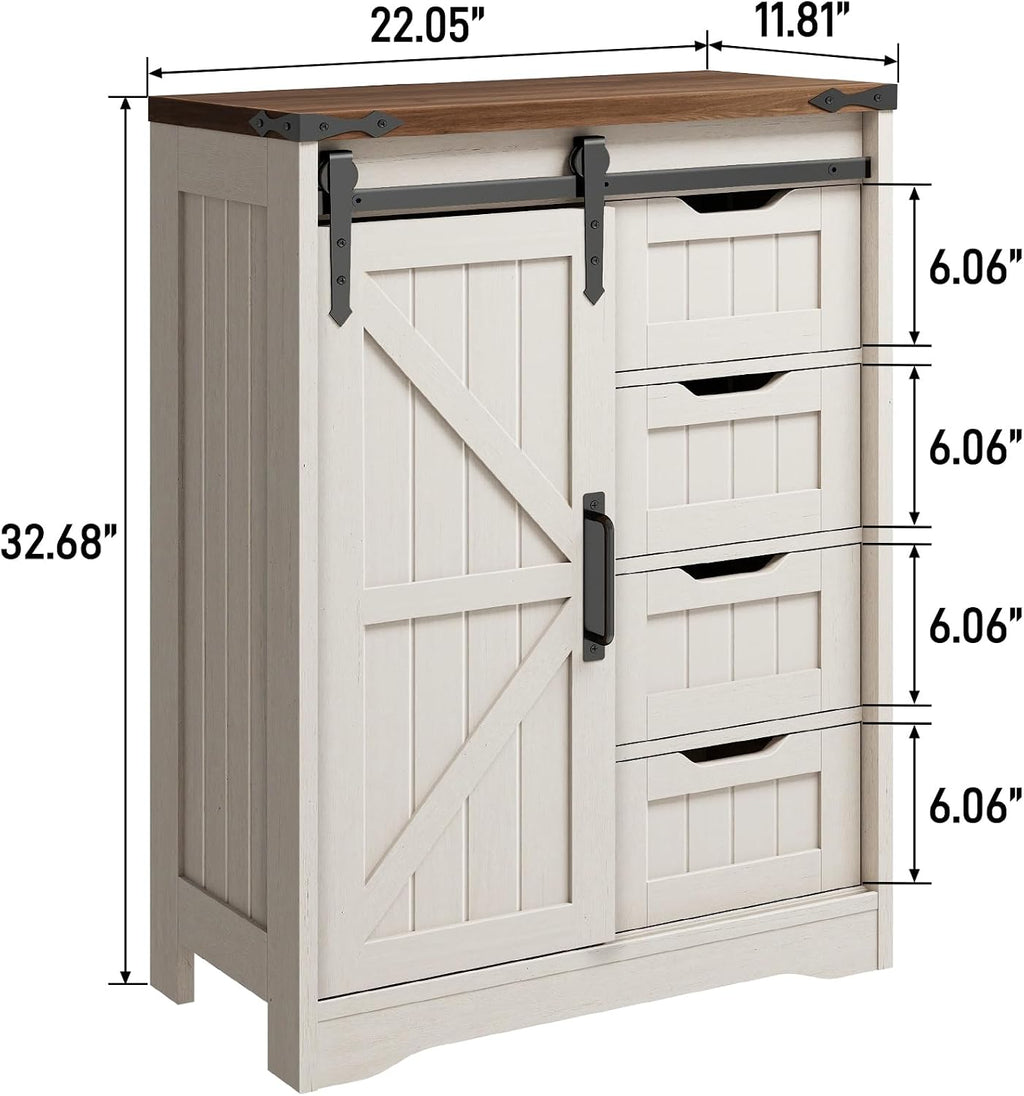 Halitaa Farmhouse Bathroom Floor Storage Cabinet with 4 Drawers, Bathroom Cabinet with Sliding Door, Rustic Storage Organizer for Kitchen, Living Room, Rustic Style, White