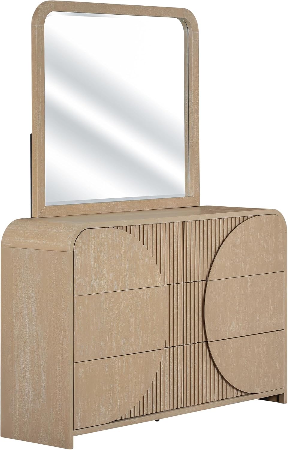 Furniture of America Tissen Modern Solid Wood 5-Piece King Bedroom Set with USB Ports, Reeded Panels, Curved Edges and Beveled Mirror, Box Spring Needed, Natural