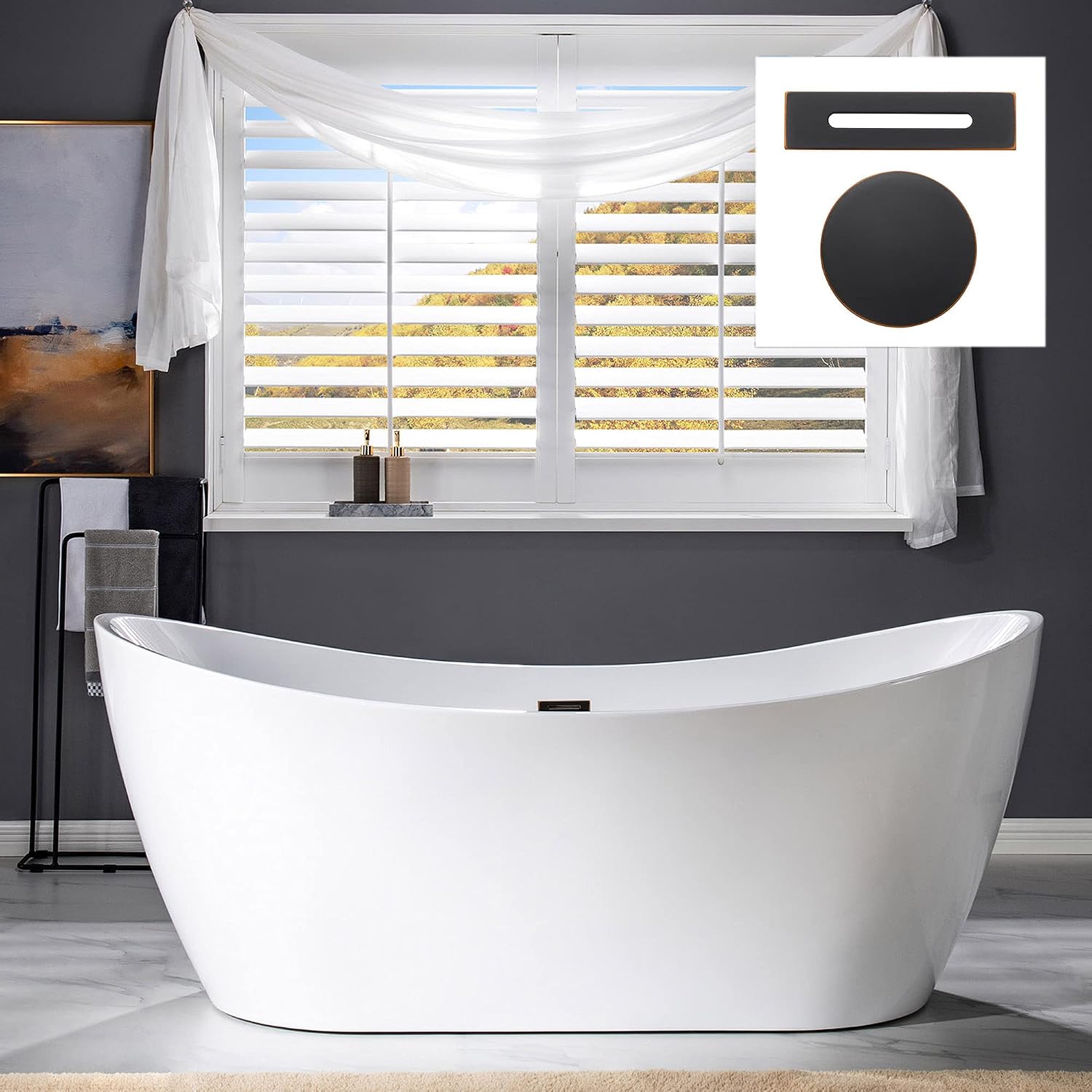 WOODBRIDGE 71' Acrylic Freestanding Bathtub Contemporary Soaking White Tub with Oil Rubbed Bronze Overflow and Drain,B0017-ORB
