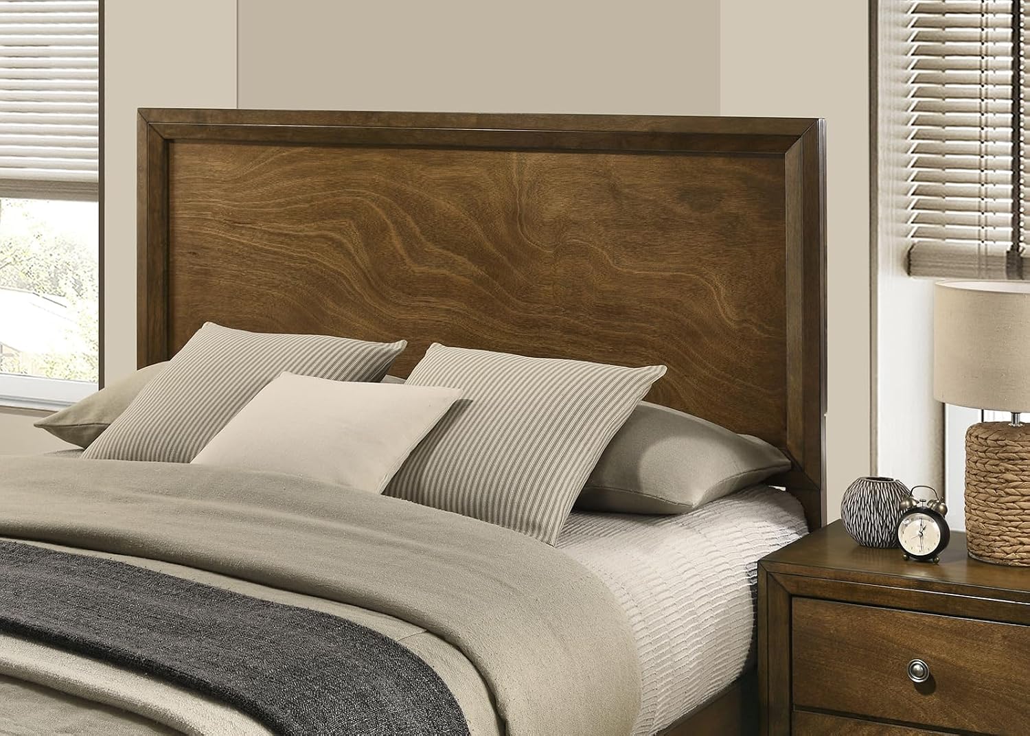 MASARA 3-Piece Transitional Bedroom Set, Walnut Rubberwood with Okume Veneer, Multiple, King/Queen/Full/Twin Bed with 2 Nightstands, Bronze Metal Knobs (Full)