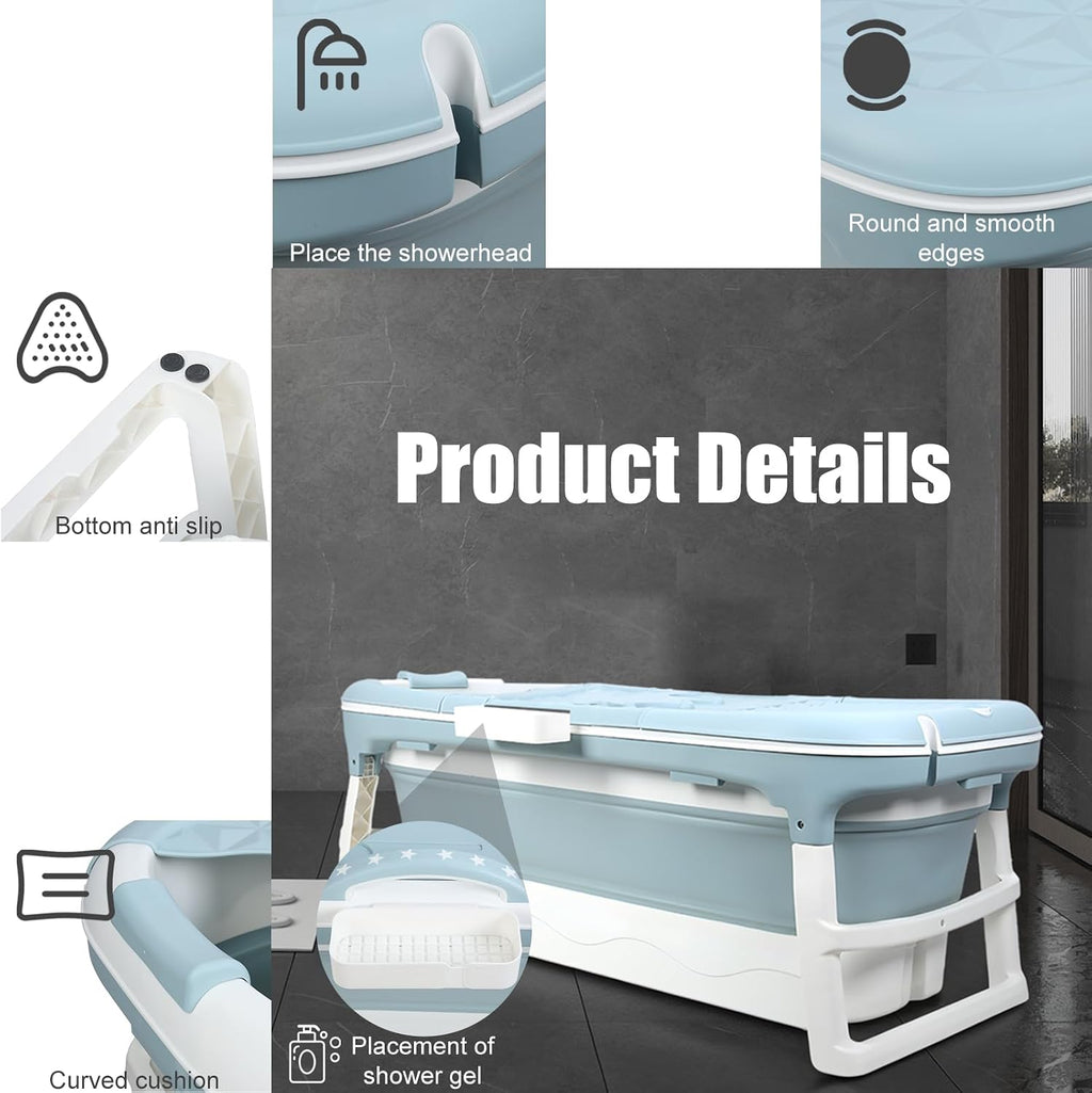 50' Foldable Bathtub for Adults, Large Portable Bath tub with Storage Basket, 1.3 Meter Foldable Bathtub with Thermal Cover for Indoor/Outdoor Use (Blue-50in)